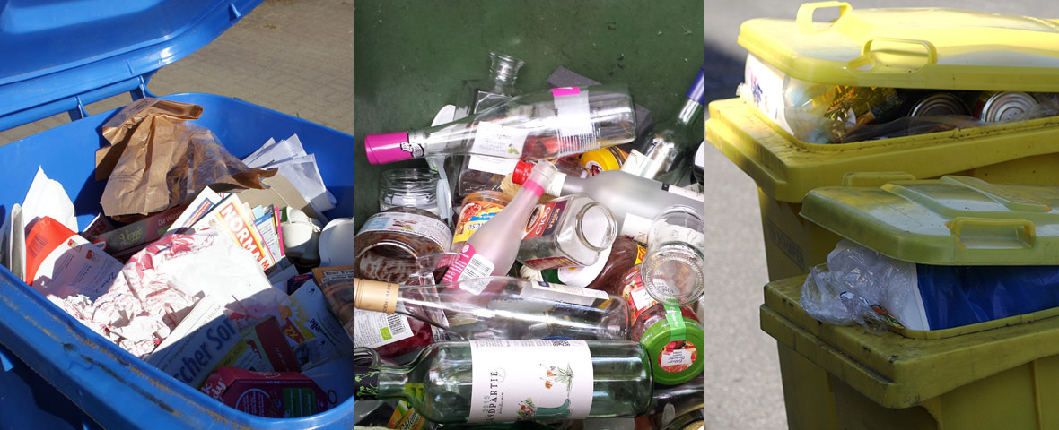 Bildcollage: Verpackungen aus Papier, Glas und Leichtstoffen